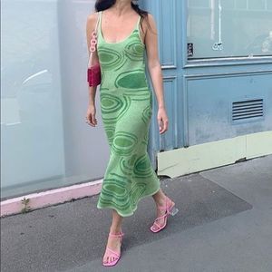 Hockney Dress | Paisley Green Spaghetti Strap | Midi Knit Dress | Sz Med